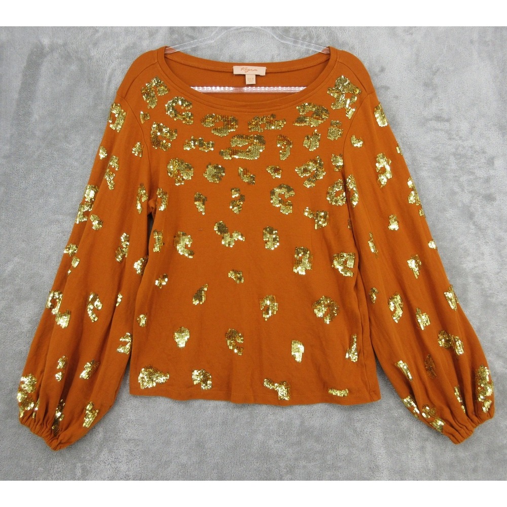 Kyra Top Womens Size M Anthropologie Gold Sequin Leopard Balloon Sleeve Orange